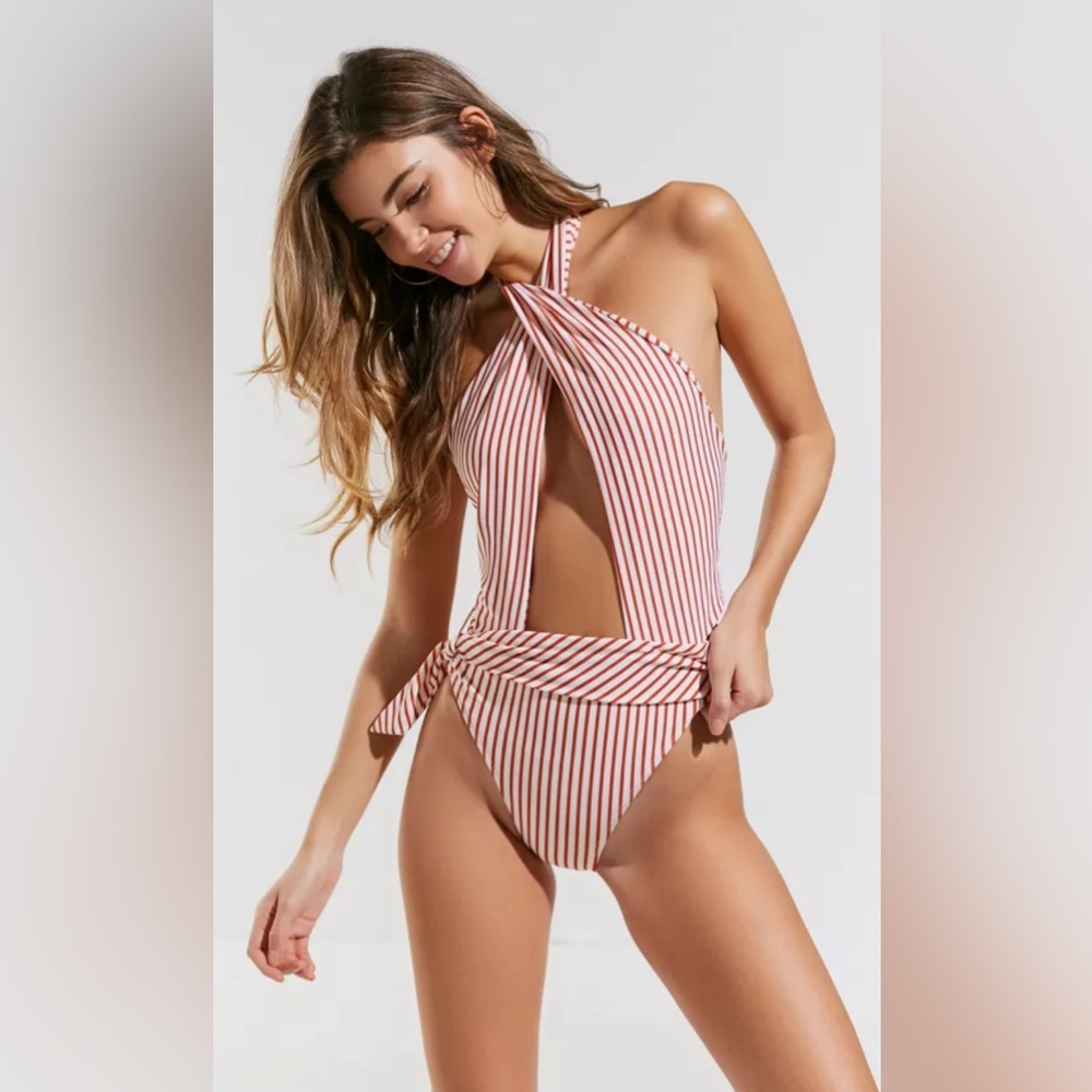 For Love + Lemons Havana O-Ring One-Piece Swimsuit - OrangeWhite Stripe Sz Small